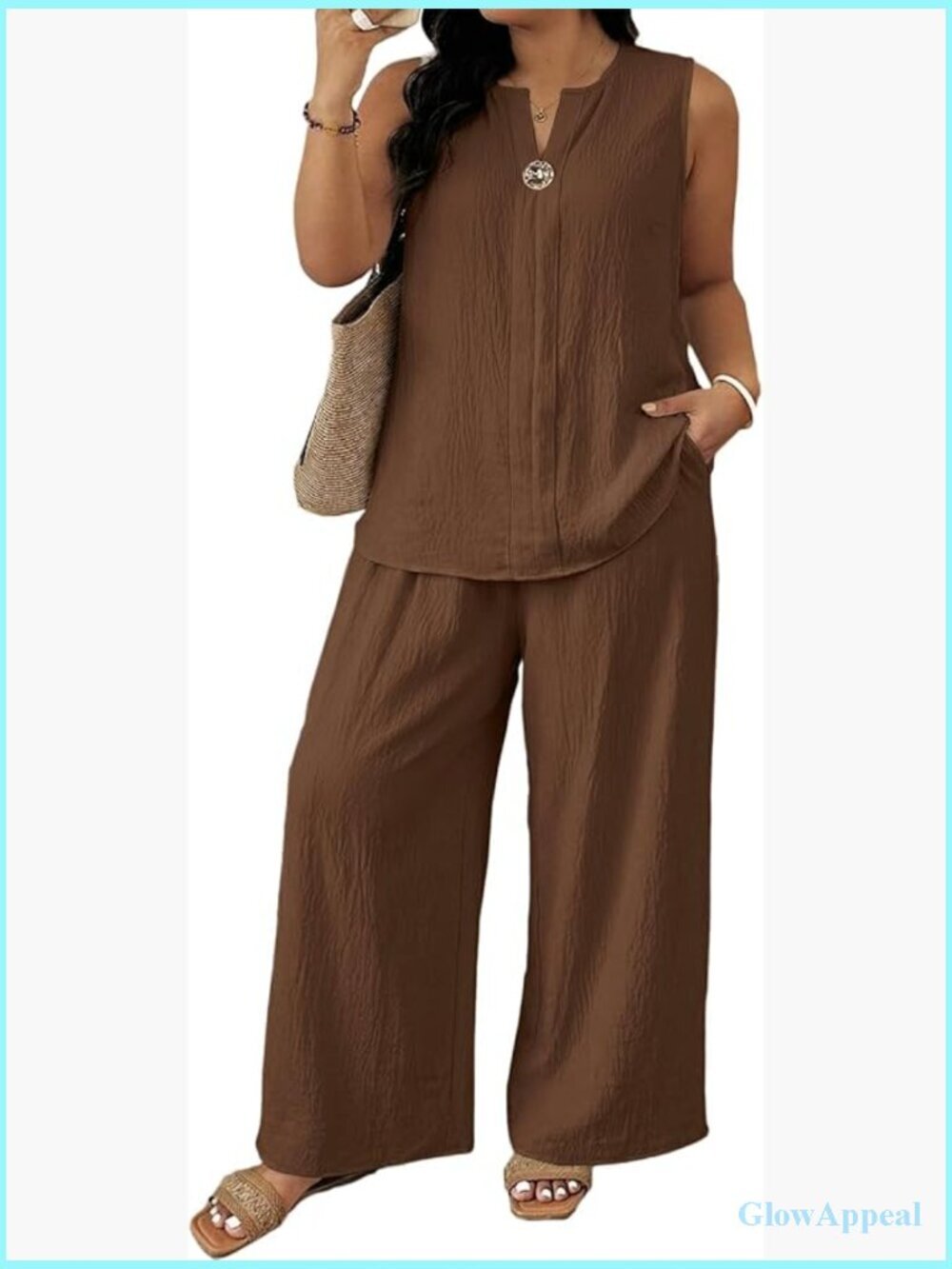 Plus Size 2 Piece Set Sleeveless V Neck Top Wide Leg Pants